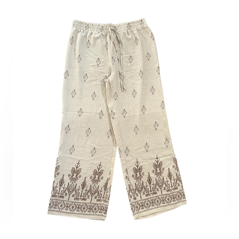 Bohemian Lightweight Flowy Wide Leg Leisure Beige/Brown Patterned Pants Size L